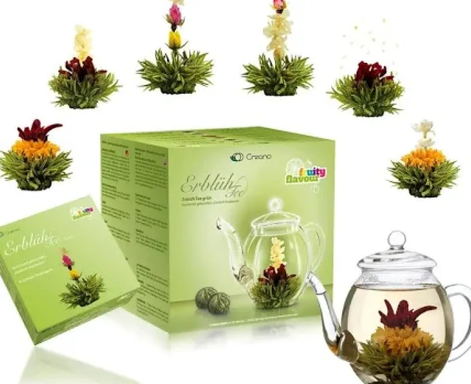 New Geschenkset: 6 theebloemen en glazen theepotje Theebloemen | Theepakket
