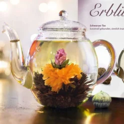 New Geschenkset: 6 theebloemen en glazen theepotje Theebloemen | Theepakket