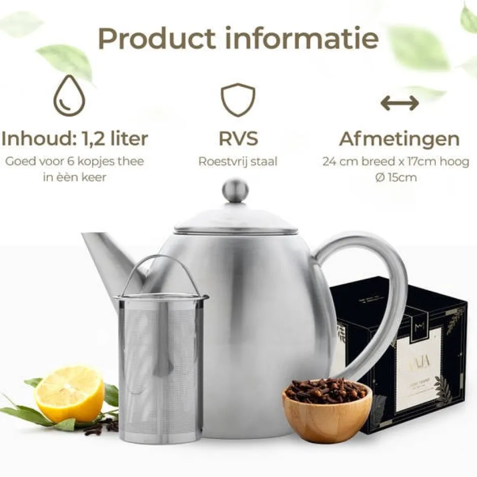 Hot Theepot RVS dubbelwandig zilver 1.2L Theepotten