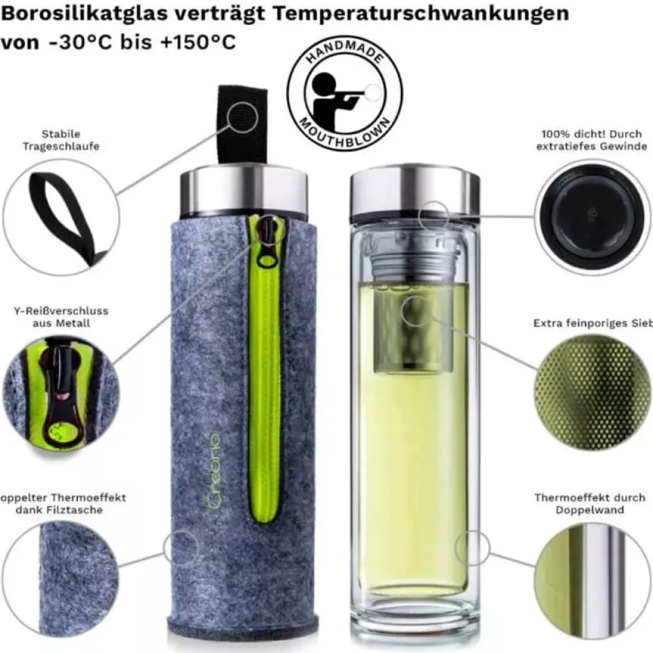 Fashion Thermosfles dubbelwandig glas Glazen Thermosflessen FlowTea | Vaderdag